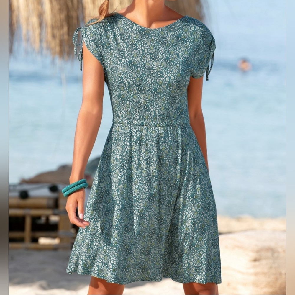 Lascana Ditsy Blue Floral Print Smocked Tie Sleeves Spring Flowy Mini Dress